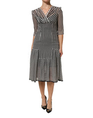 Dolce & Gabbana Black White Stripes Silk V-neck Midi Dress