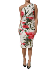 Dolce & Gabbana White Floral One Shoulder Sheath Dress