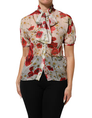 Dolce & Gabbana White Floral Tie-Neck Poppy Print Blouse Top