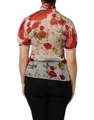 Dolce & Gabbana White Floral Tie-Neck Poppy Print Blouse Top