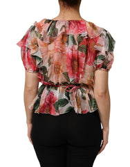 Dolce & Gabbana Pink Camellias Printed Silk V-neck Blouse Top