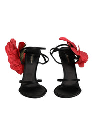 Dolce & Gabbana Black Leather Strappy Flower Heels Sandals Shoes