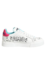 Dolce & Gabbana White Leather Graffiti Low Top Sneakers Shoes