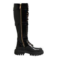 Dolce & Gabbana Black Buckle Embellished Knee High Boots Shoes