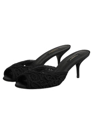 Dolce & Gabbana Black Embroidered Slip On Heels Slides Shoes