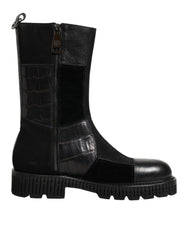 Dolce & Gabbana Black Patchwork Leather Mid Calf Boot Shoes