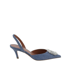 Amina Muaddi Blue Nubuc Leather High Heel Pumps