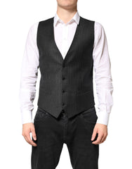 Dolce & Gabbana Black Stripes Wool Dress Men Waistcoat Vest
