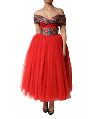 Dolce & Gabbana Red Floral Off Shoulder A-line Gown Dress