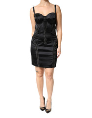 Dolce & Gabbana Black Satin Acetate Lace Eyelets Mini Dress