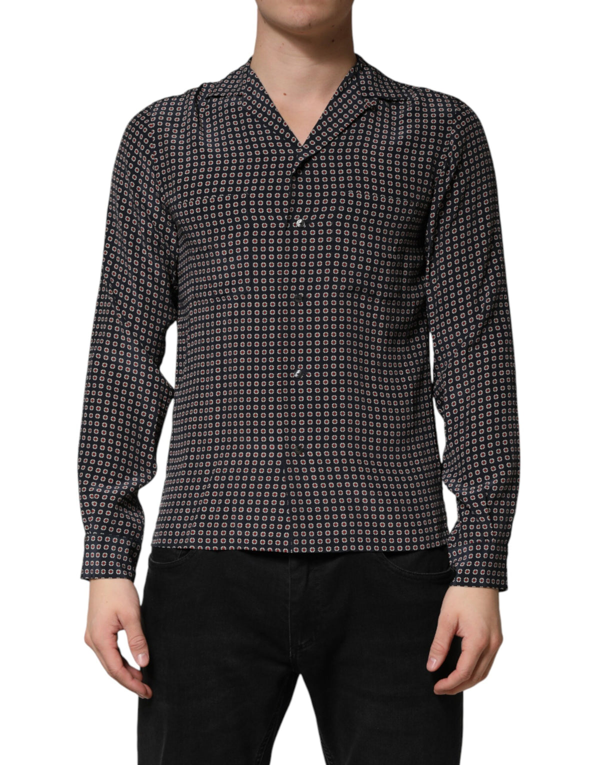 Dolce & Gabbana Black Patterned Silk Men Button Down Shirt
