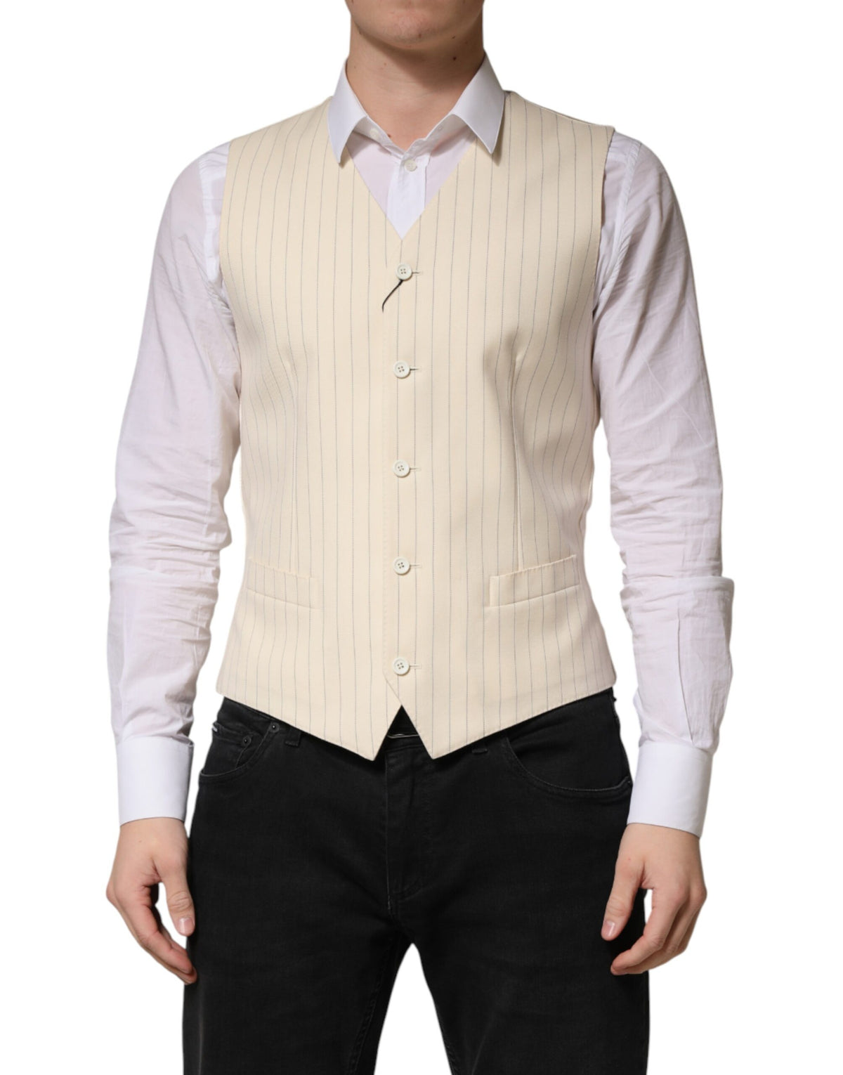 Dolce & Gabbana Beige Stripes Wool Dress Men Waistcoat Vest