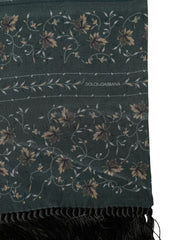 Dolce & Gabbana Green Silk Floral Pattern Fringed 135cm X 16cm  Scarf