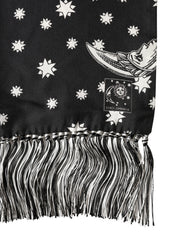 Dolce & Gabbana Black Silk Sun Moon Star Fringe Foulard 178cm X 33cm Scarf