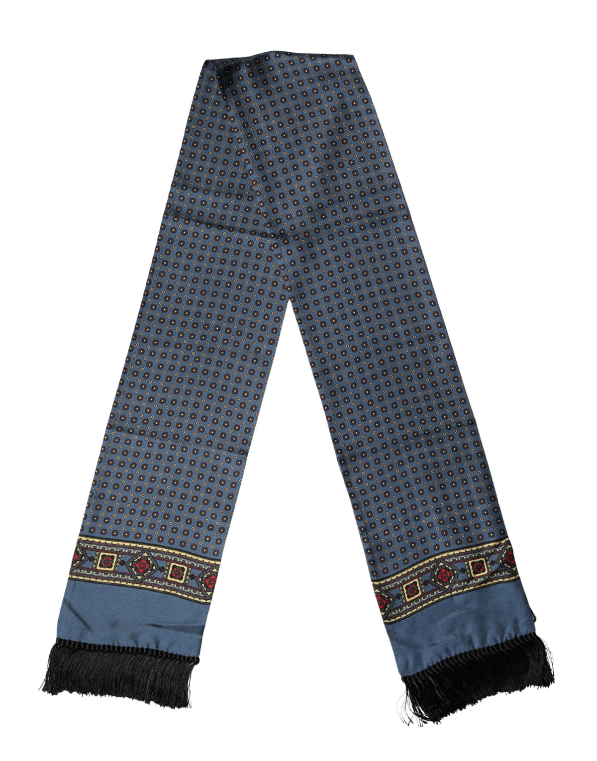 Dolce & Gabbana Blue Silk Geometric Fringe Foulard 134cm x 15.5cm Scarf