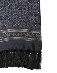 Dolce & Gabbana Navy Silk Geometric Fringe Foulard 137cm x 18cm Scarf