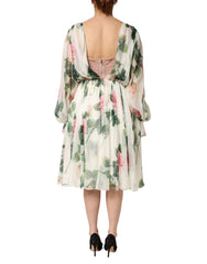 Dolce & Gabbana Floral Rose Ivory Silk Blend Longsleeve Dress