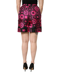 Dolce & Gabbana Black Fuchsia Silk Logo Elastic Waist Shorts