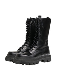 Dolce & Gabbana Black Leather Trek Sole Combat Boots Shoes