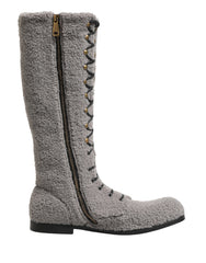 Dolce & Gabbana Gray Shearling Lace Up Knee High Boots Shoes