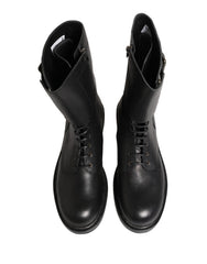 Dolce & Gabbana Black Leather Belted Buckle Combat Boots Shoes