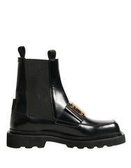Dolce & Gabbana Black Leather Logo Plaque Ankle Boots Shoes