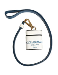Dolce & Gabbana White Calf Leather Logo Flip Holder Strap Airpods Case