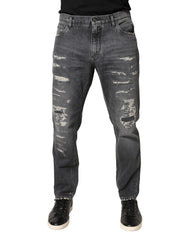 Dolce & Gabbana Dark Gray Tattered Cotton Loose Denim Jeans