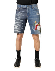 Dolce & Gabbana Blue Floral Embroidery Tattered Denim Shorts