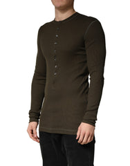 Dolce & Gabbana Brown Cotton Buttoned Henley Pullover Sweater
