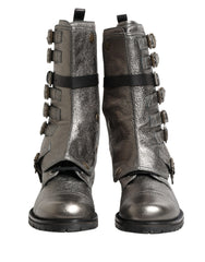 Dolce & Gabbana Metallic Silver Combat Biker Mid Calf Boots Shoes