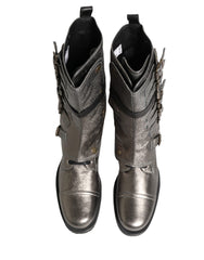 Dolce & Gabbana Metallic Silver Combat Biker Mid Calf Boots Shoes