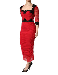 Dolce & Gabbana Red Mesh Trim Bodycon Sheath Midi Dress