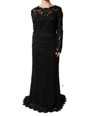 Dolce & Gabbana Black Lace Long Sleeves Cotton Maxi Dress