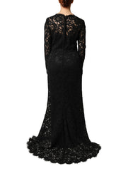 Dolce & Gabbana Black Lace Long Sleeves Cotton Maxi Dress