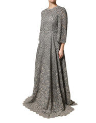 Dolce & Gabbana Gray Lace Long Sleeves Cotton Maxi Dress