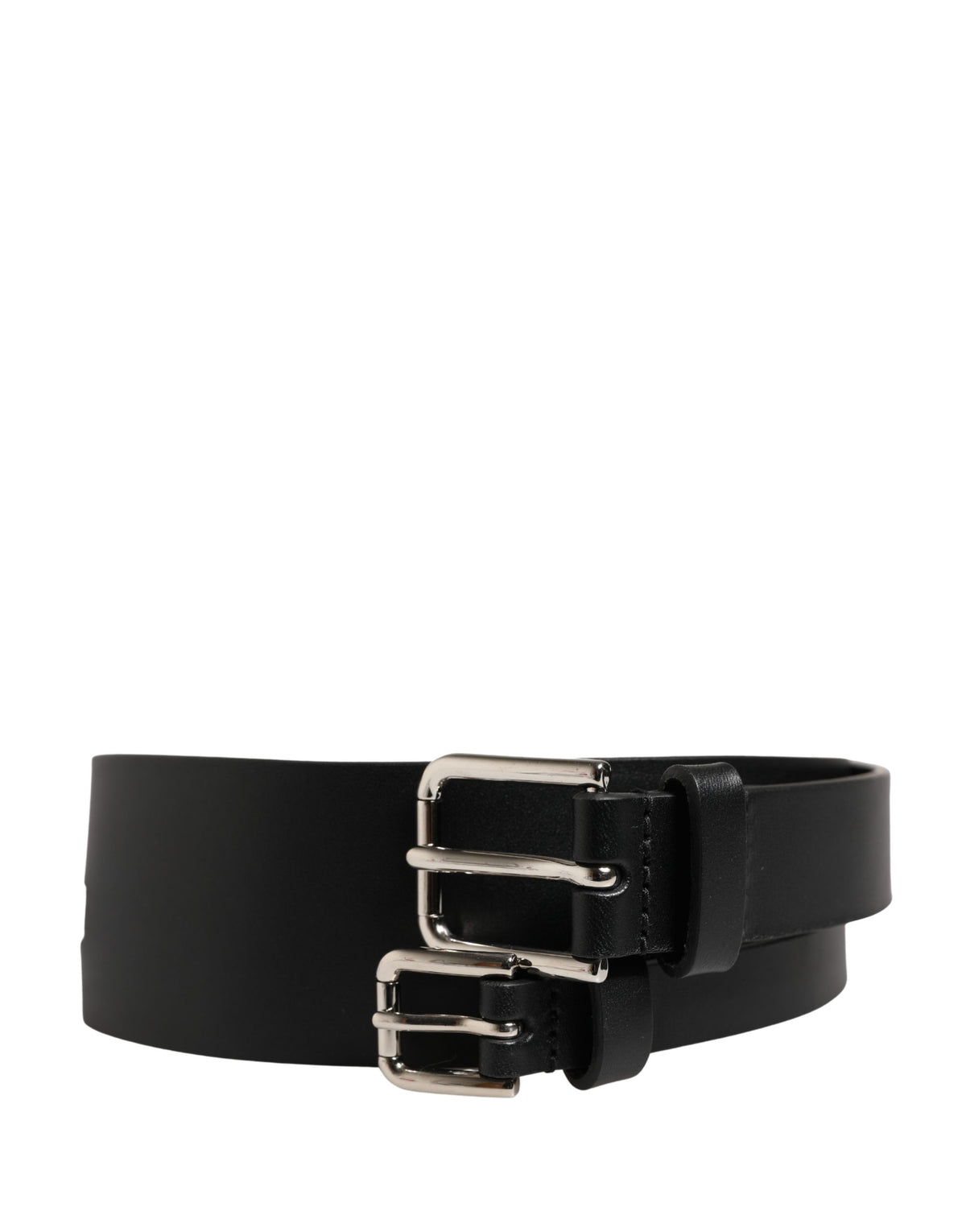 Dolce & Gabbana Black Double Strap Leather Silver Buckle Belt