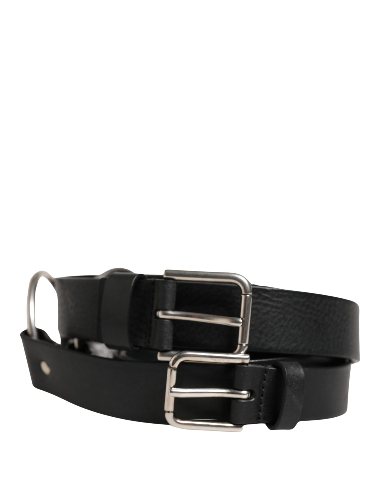 Dolce & Gabbana Black Double Strap Leather Silver Buckle Belt