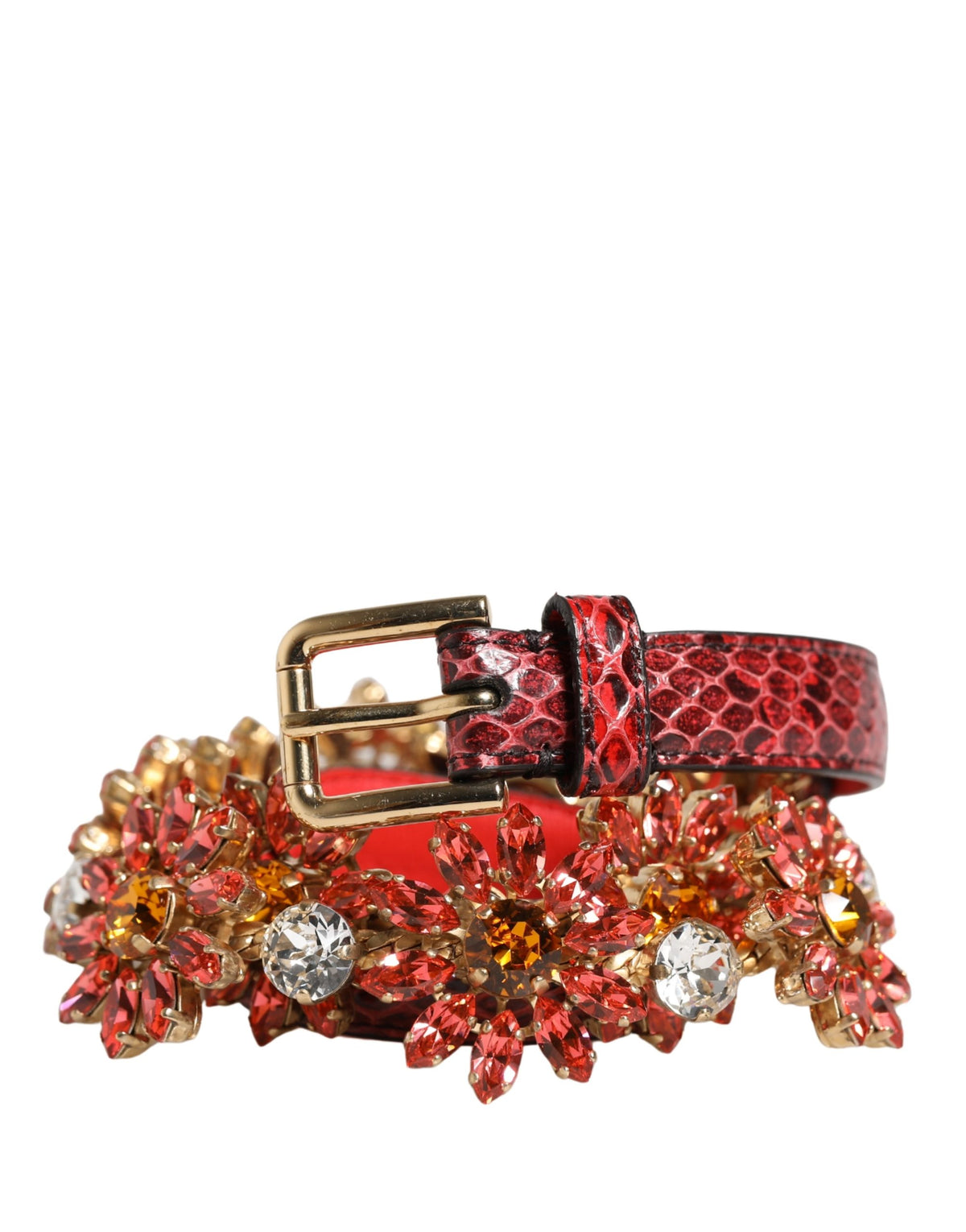 Dolce & Gabbana Red Leather Daisy Crystal Embellished Waist Belt