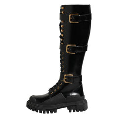 Dolce & Gabbana Black Buckle Embellished Knee High Boots Shoes
