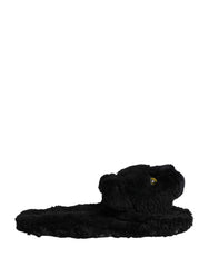 Dolce & Gabbana Black Faux Fur Panther Plush Flat Slides Shoes