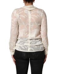 Dolce & Gabbana Off White Floral Semi Sheer Silk Blouse Top
