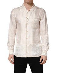 Dolce & Gabbana White Silk Long Sleeve Tonal Logo Print Shirt
