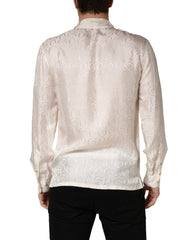 Dolce & Gabbana White Silk Long Sleeve Tonal Logo Print Shirt