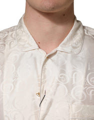 Dolce & Gabbana White Silk Long Sleeve Tonal Logo Print Shirt
