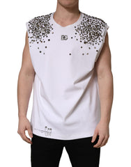 Dolce & Gabbana White Rhinestones Sleeveless Round Neck T-shirt