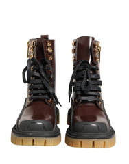 Dolce & Gabbana Maroon Leather Lace Up Biker Boots Shoes