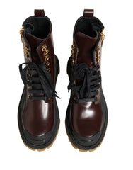 Dolce & Gabbana Maroon Leather Lace Up Biker Boots Shoes