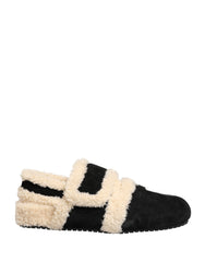 Dolce & Gabbana Beige Black Faux Fur Flats Men Sandals Shoes