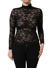 Dolce & Gabbana Black Floral Lace Turtle Neck Long Sleeve Top